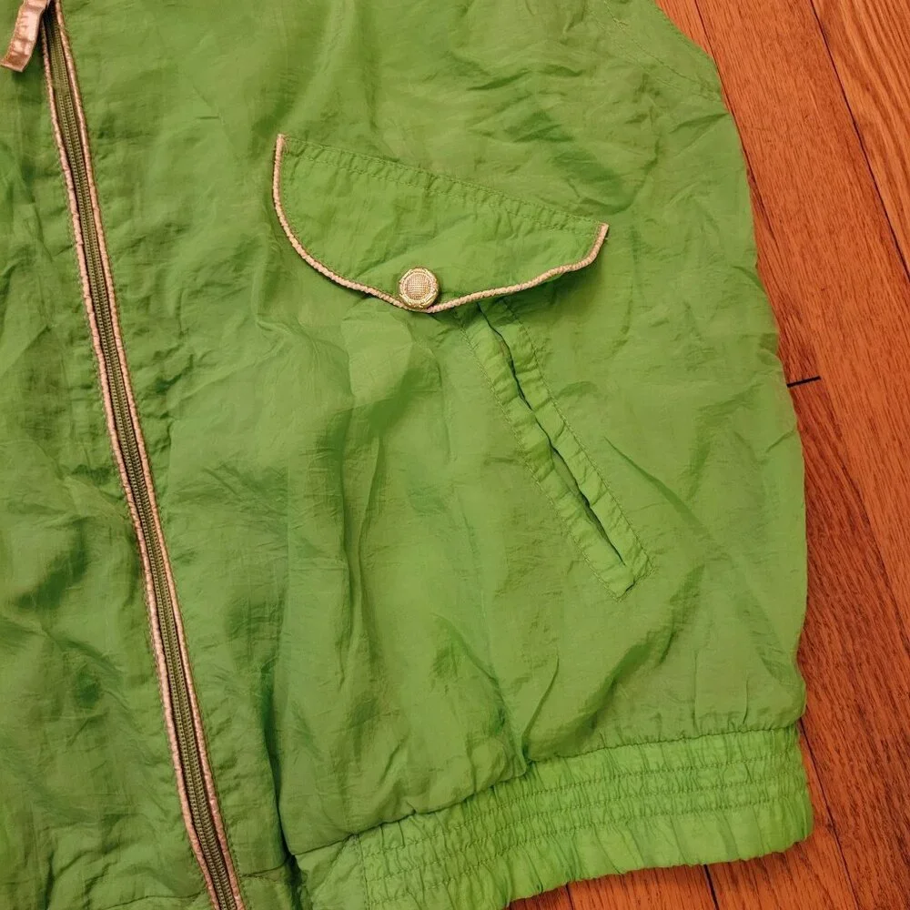 Vintage Carolina Bay L Green Nylon Sleeveless Zip Up Vest Pockets Elastic Hem At